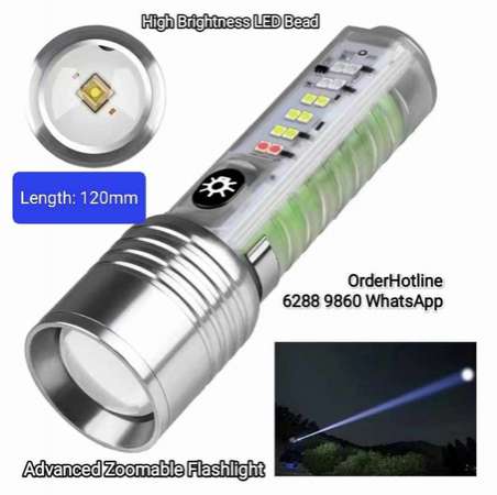 多功能強光可變焦距手電筒+工作灯 USB-C直接充電。底部強磁。側燈含紫外光LED。Zoomable Flashlight Multifunctional.