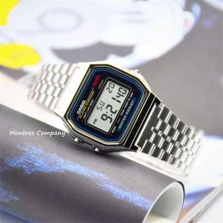 Montres Company香港註冊公司(28年老店)卡西歐 CASIO 日本製手錶 復古風 七年電池壽命 黑銀色 細錶徑 不鏽鋼錶帶 A159W-N1有現貨