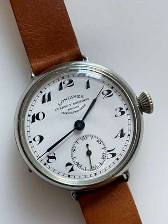 1915年瓷面浪琴38mm, Longines oversized Cuervo Y Sobrinos watch with white enamel dial