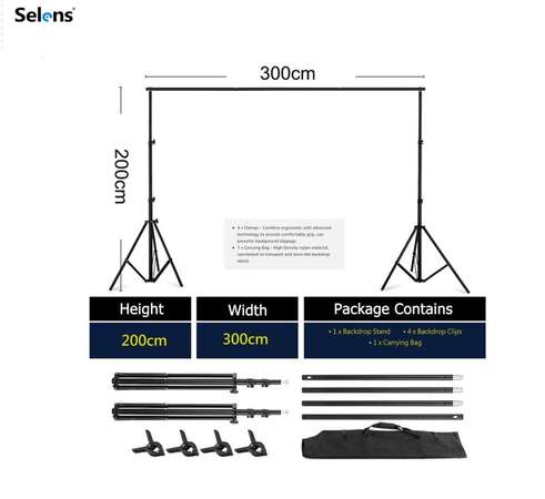 SELENS 2m(H) X 3m(W) Studio Support Stand With 3m (W) X 1m(H) Backdrop 攝影龍門架連背景布