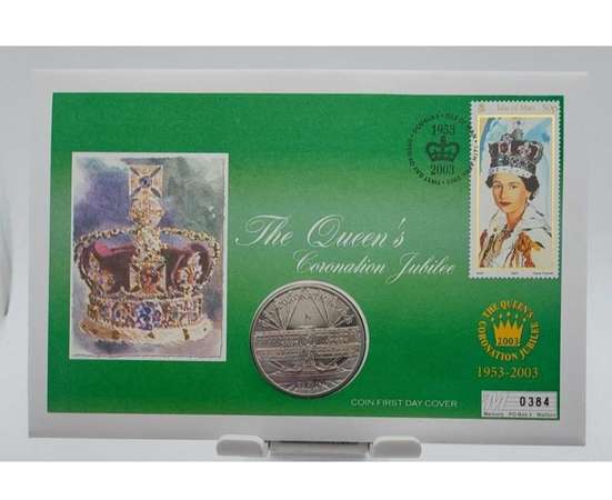(2003)曼島/英女皇銀禧登基纪念幣連郵票首日封/全新/限量發行/Ref384