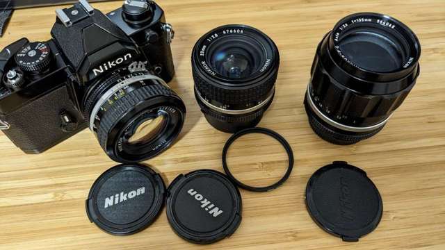 Nikon fm + ai 50mm 1.4 + ais 28mm 2.8 + (ai mount) NIKKOR-P.C Auto 105mm 2.5