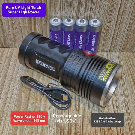 純紫外光手電筒 Pure UV Light Torch.Hi-power 超大功率.120w. Rechargeable via USB-C