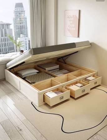 All solid wood tatami bed without headboard Air pressure high box storage bed