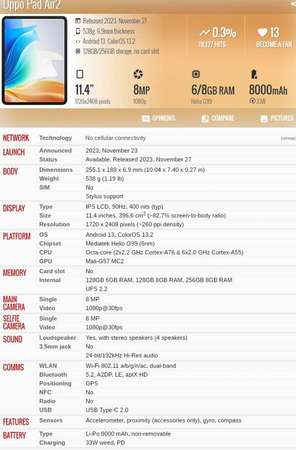 Oppo Pad Air 2 - Dual Core+6 Core / 8+256GB Rom