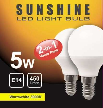 SUNSHINE 5W E14 LED Bulb LGT-5E14W-D (2in1) - Warmwhite (LED 慳電膽 2個1盒 $30 x 2盒)
