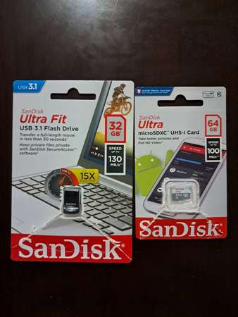Sandisk品牌一張64G記憶卡和一個32G USB記憶體 [*二手用過，*100%原廠] (***代老友賣)