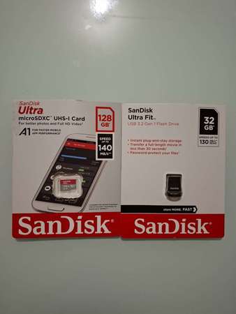 Sandisk品牌*一張128G記憶卡和*一個32G USB記憶體 [*99%新，*100%原廠] (***代老友賣)